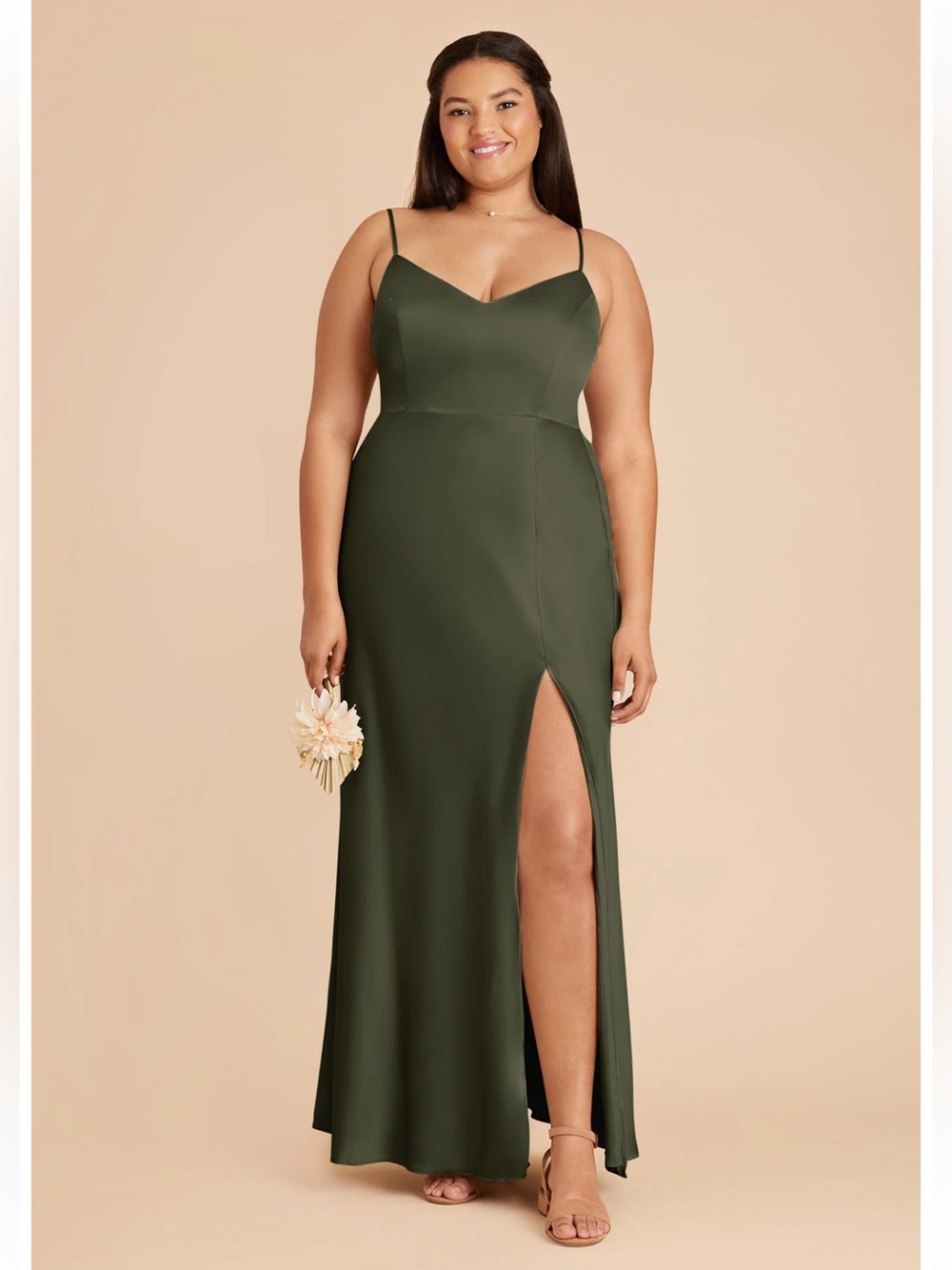 Birdy Grey Olive Green Spaghetti Strap Slit Gown